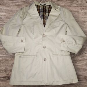 Fossil Brand Womens Sz M Tan Blazer Jacket  Plaid Liner Pockets Fitted